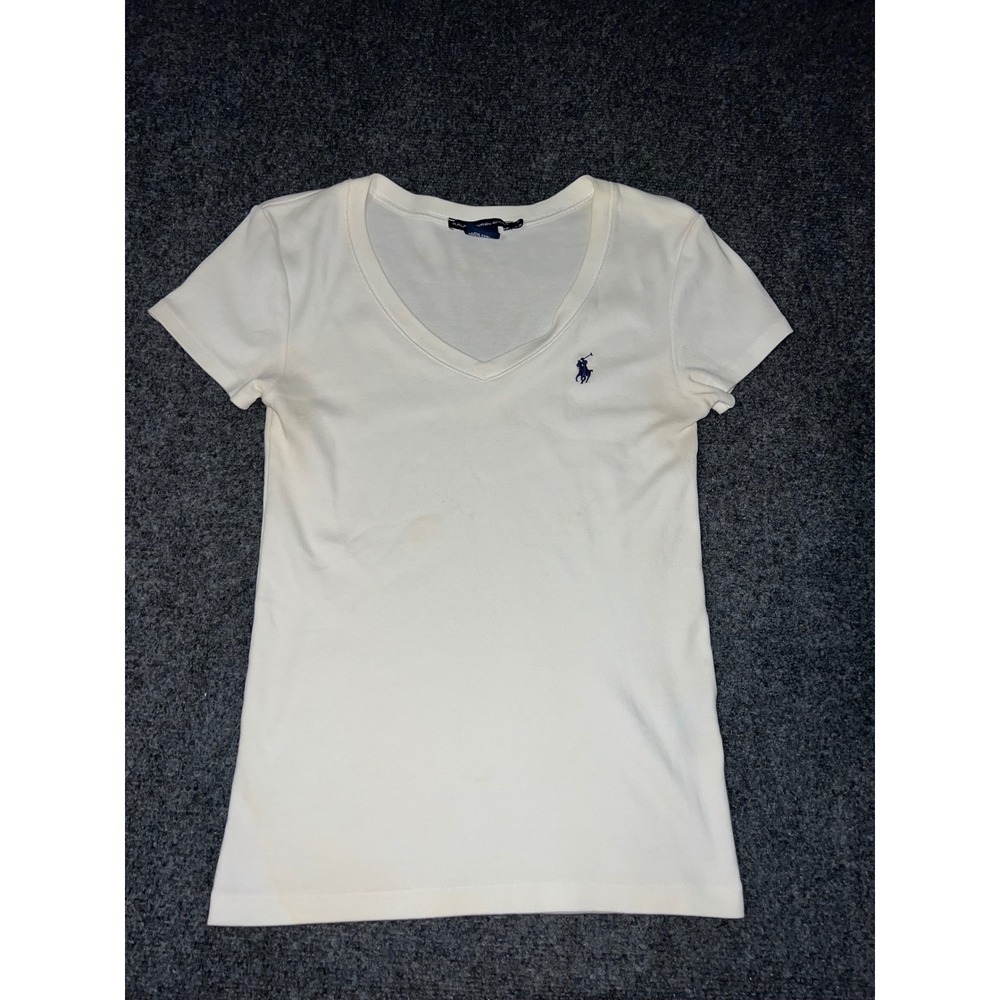Ralph Lauren Sport Womens V-Neck T-Shirt Ivory White Cotton Size S